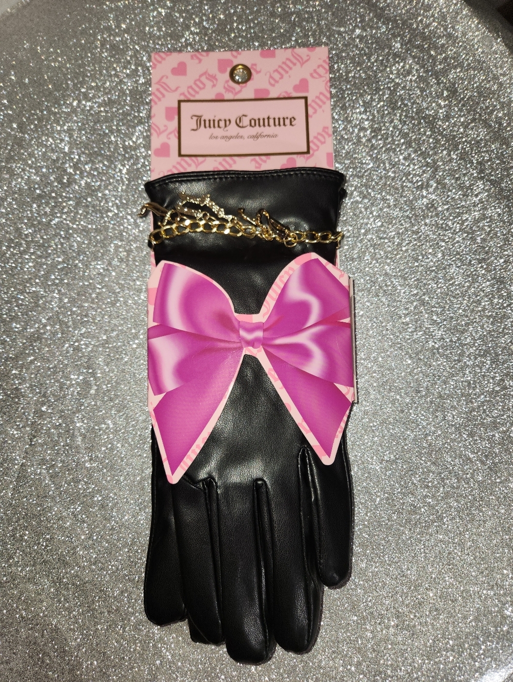 Juicy Couture Black Faux Leather Gloves with Gold Chain Accent